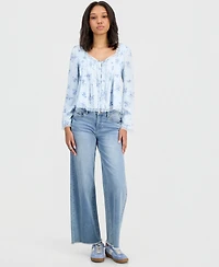 Hippie Rose Juniors' Lace-Trim Floral-Print Pintucked Top