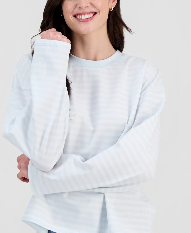 Hippie Rose Juniors' Oversized Striped Long-Sleeve Crewneck Tee