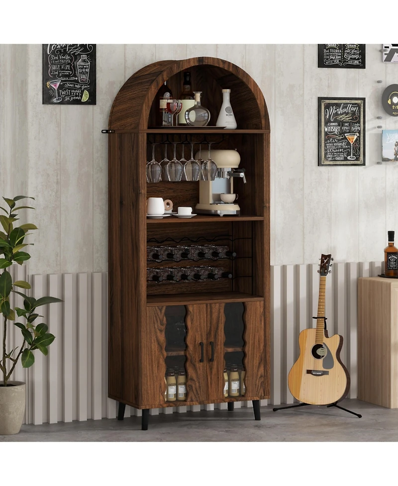 Casainc 71" Farmhouse Arched Bar Cabinet with Wine Rack, Glass Holder, Whiskey Station for Living & Dining Rooms