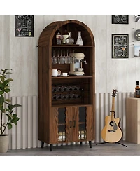 Casainc 71" Farmhouse Arched Bar Cabinet with Wine Rack, Glass Holder, Whiskey Station for Living & Dining Rooms