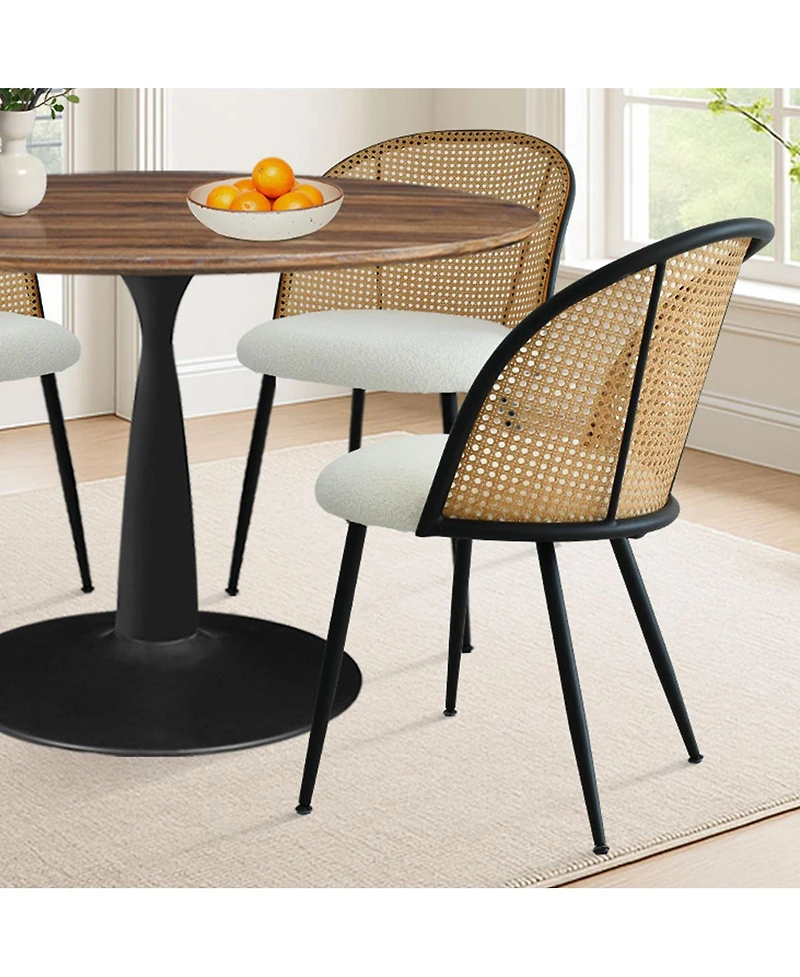 Maison Boucle 5-Piece Round Dining Table Set with Faux Rattan Back Chairs, Walnut Mdf Top and Metal Base, Small Kitchen Table Set for 4