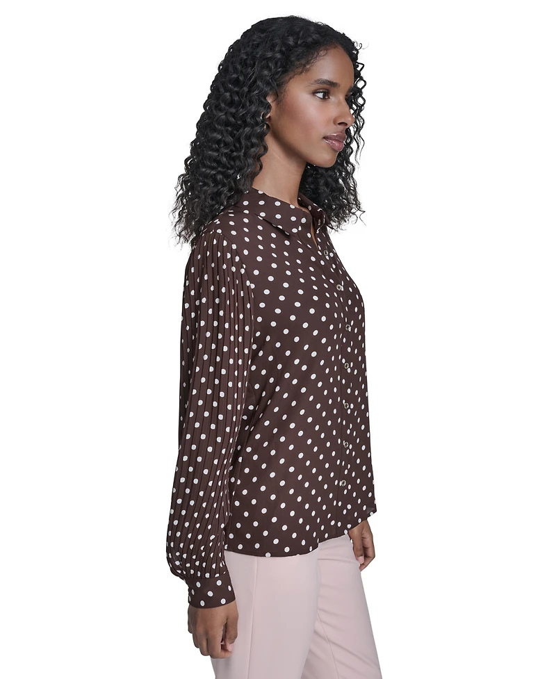 Tommy Hilfiger Women's Dot Pleated-Sleeve Button-Up Top