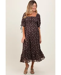 Pinkblush Maternity Dark Brown Floral Smocked Sleeve Tie Midi Dress