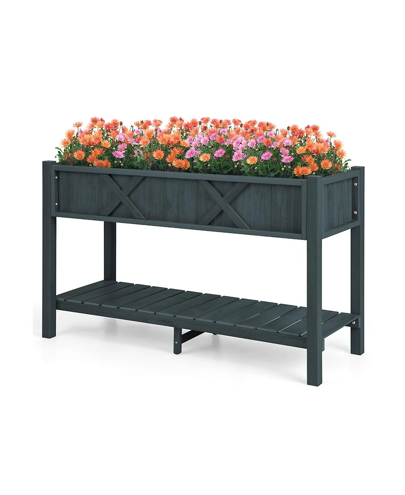 Sugift Pots & Planters Poly Wood Elevated Planter Box with Legs Storage Shelf Drainage Holes-Black