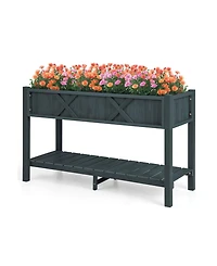 Sugift Pots & Planters Poly Wood Elevated Planter Box with Legs Storage Shelf Drainage Holes-Black