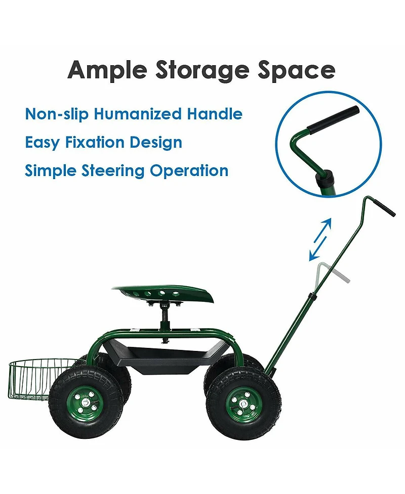 Sugift Extendable Handle Garden Cart Rolling Wagon Scooter-Green