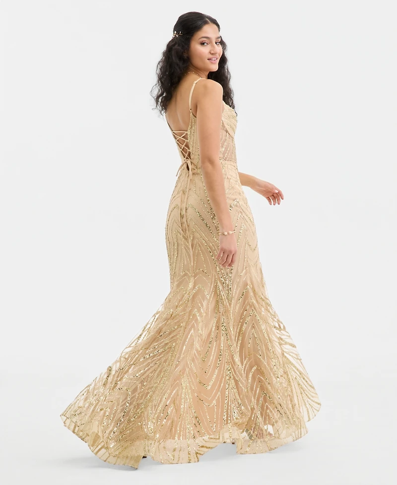 Say Yes Juniors' Sweetheart-Neck Bustier Glitter Mesh Gown