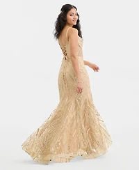 Say Yes Juniors' Sweetheart-Neck Bustier Glitter Mesh Gown