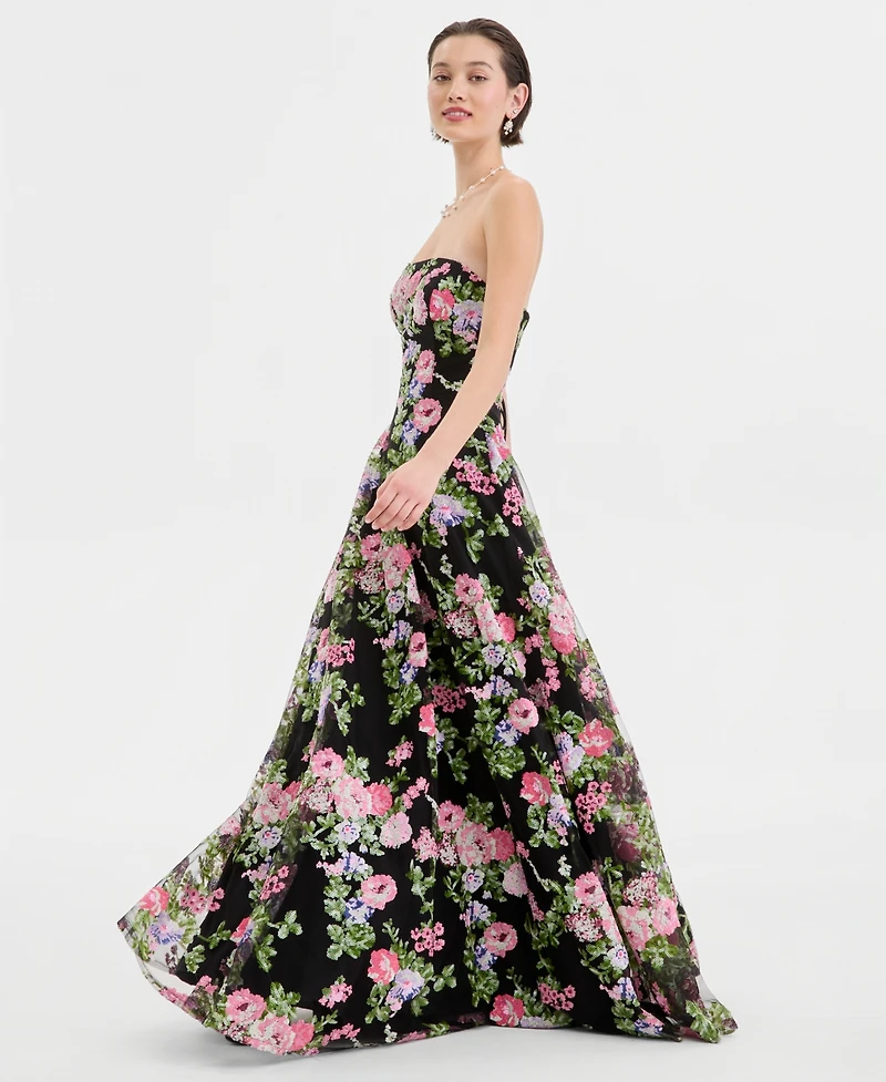 Say Yes Juniors' Floral-Sequinned Strapless Gown