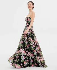 Say Yes Juniors' Floral-Sequinned Strapless Gown