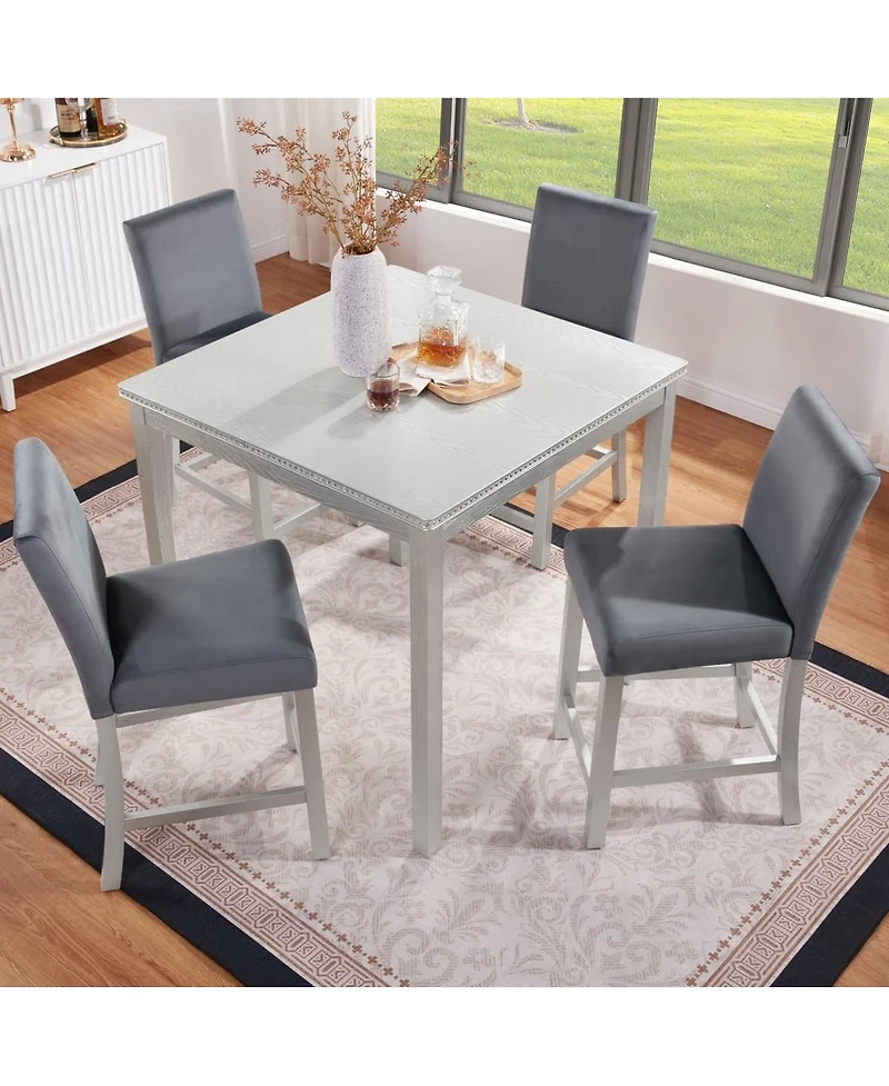 Maison Boucle 5-Piece Counter Height Dining Set with 34.5" Square Table and 4 Upholstered Chairs for Small Dining Rooms or Apartment