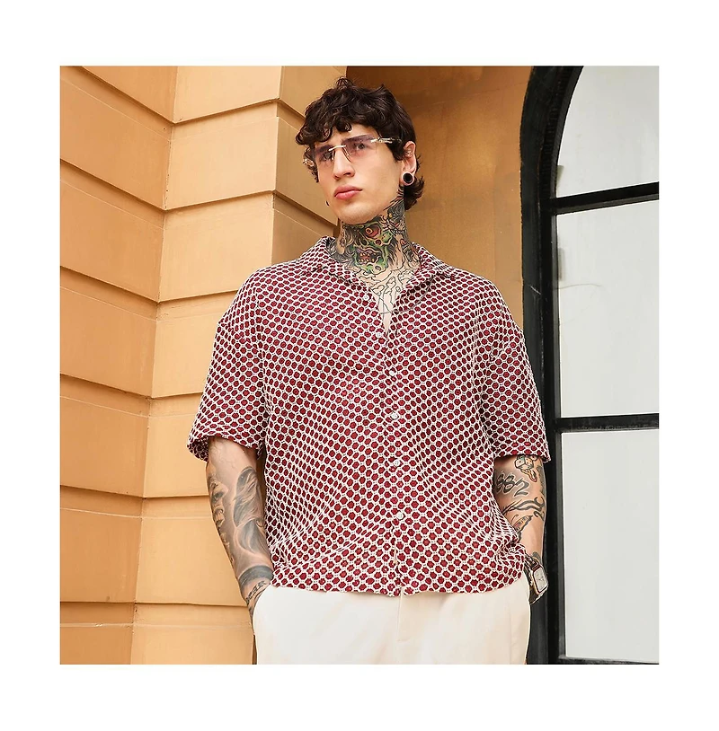 Campus Sutra Men's Crimson Red Geometric-Crochet Cuban Oversized Shirt