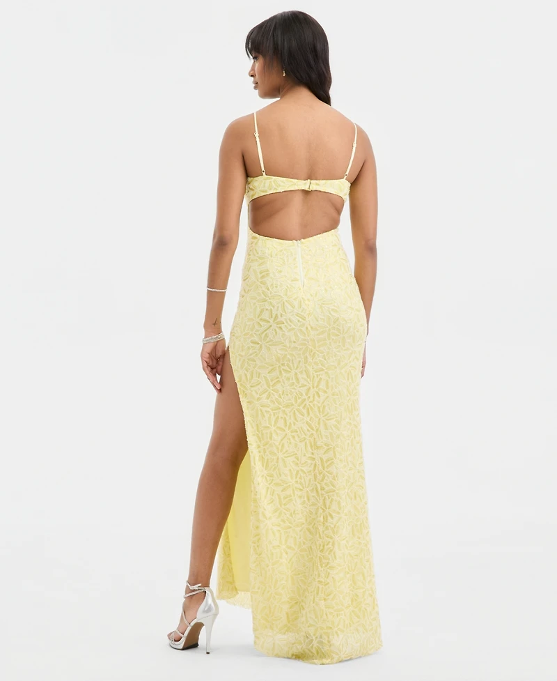 Emerald Sundae Juniors' Beaded High-Slit Gown