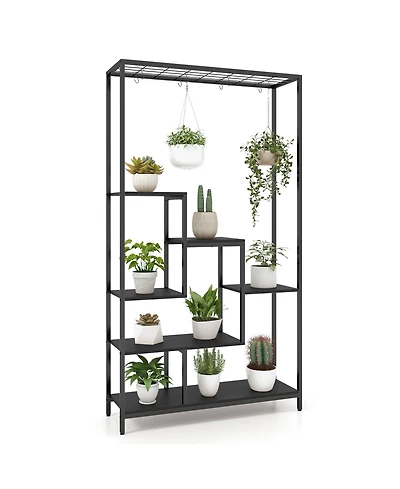 Sugift 6-Tier Tall Plant Stand 71 Inch Metal Indoor Plant Shelf with 10 Hanging Hooks-Black