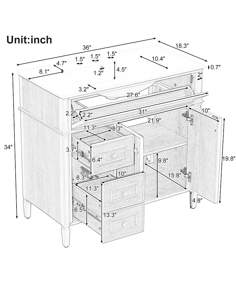 Boyel Living 36" Bathroom Vanity with Sink, Wood Vanity Cabinet with Flip-Out Drawer, Solid Wood & Mdf, Elegant Rubber Wood Handles
