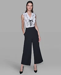 Karl Lagerfeld Paris Women's Ruffle V-Neck with Contrast Bow Jumpsuit