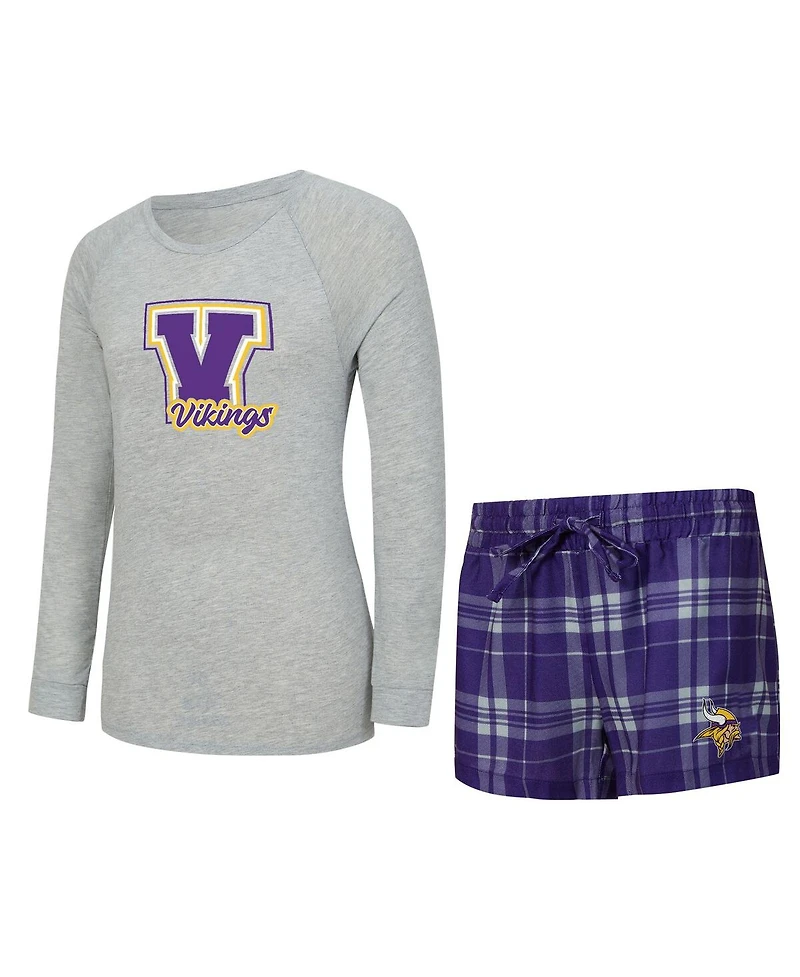 Concepts Sport Women's 2-Piece Heather Gray/Purple Minnesota Vikings Regulate Plaid Long-Sleeve T-Shirt and Shorts Sleep Set