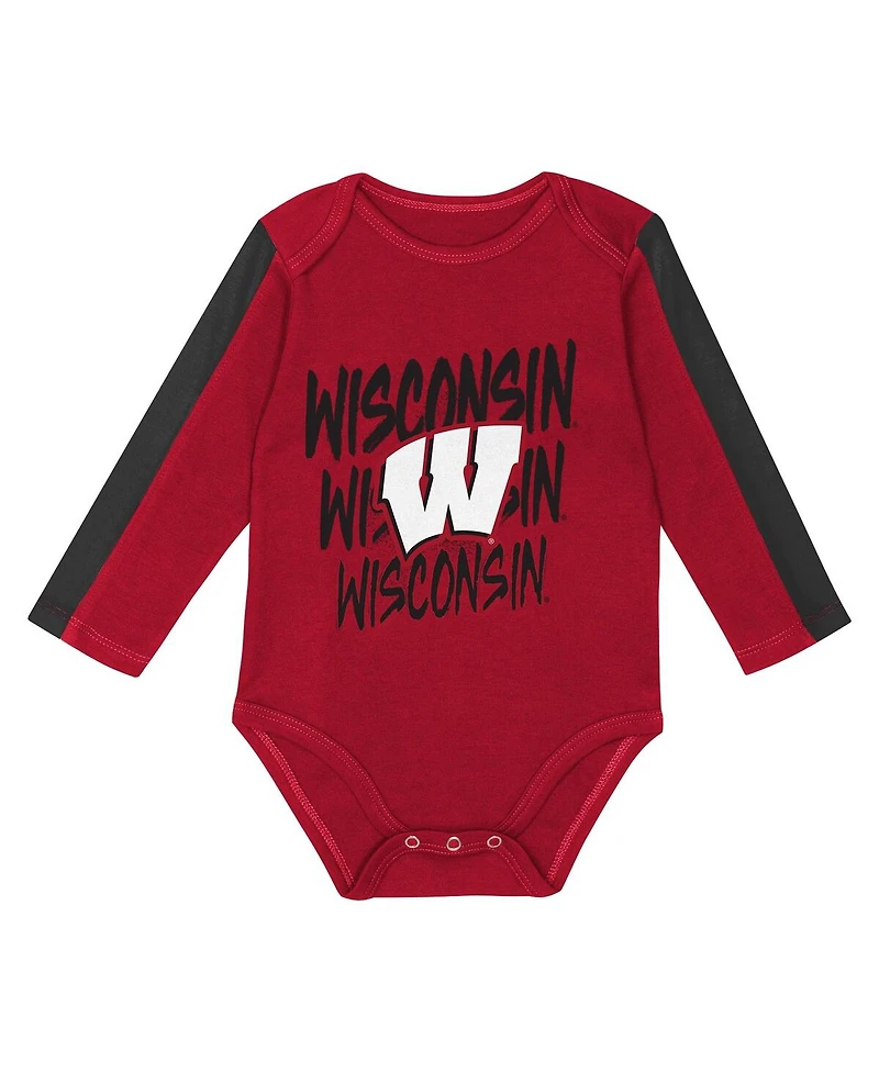 Outerstuff Baby Boys and Girls 3-Piece Red/Black Wisconsin Badgers Double Down Bodysuit Pants Set
