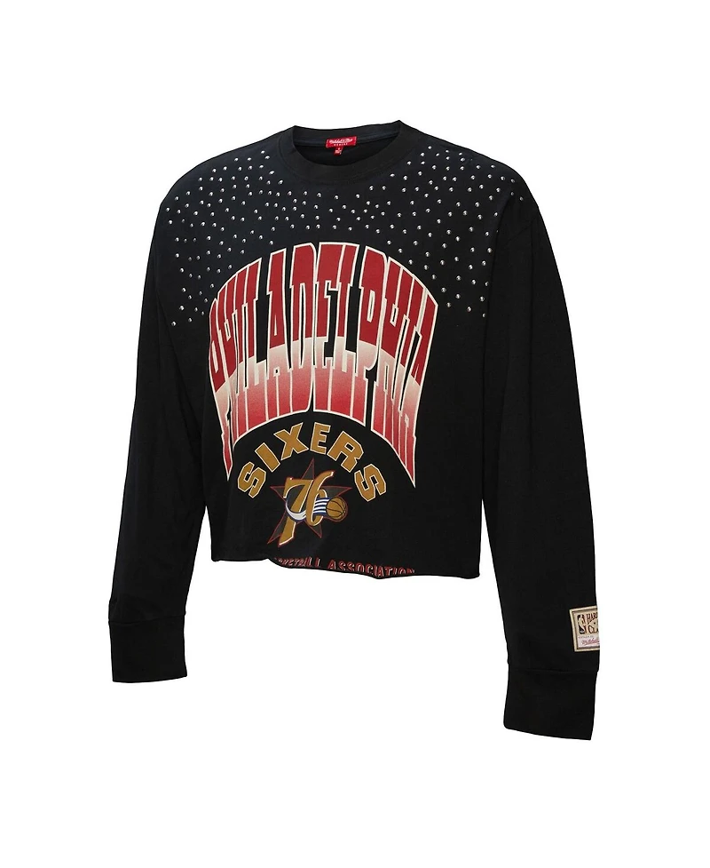 Mitchell & Ness Women's Black Philadelphia 76ers Hardwood Classics Studded Boxy Cropped Long Sleeve T-Shirt