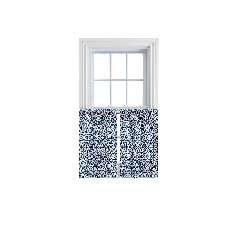 Ellis Curtain Ellis Athens Printed Tile Design on Navy Ground High Quality Tailored Tiers 1.5" Rod Pocket Navy