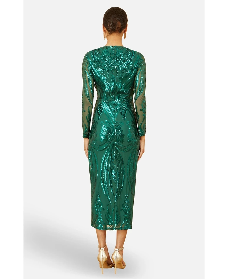 Yumi Women's Sequin Midi Long Sleeve Wrap Dress