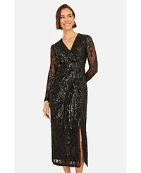 Yumi Women's Sequin Midi Long Sleeve Wrap Dress