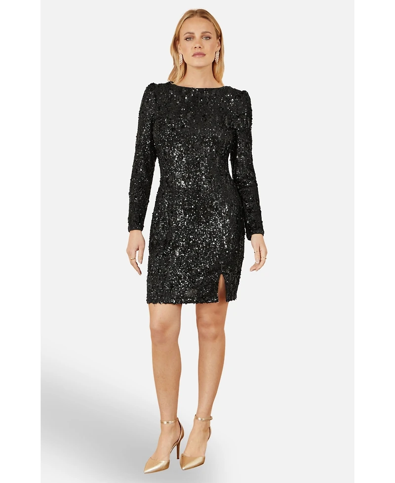 Yumi Women's Sequin Long Sleeve Fitted Dress