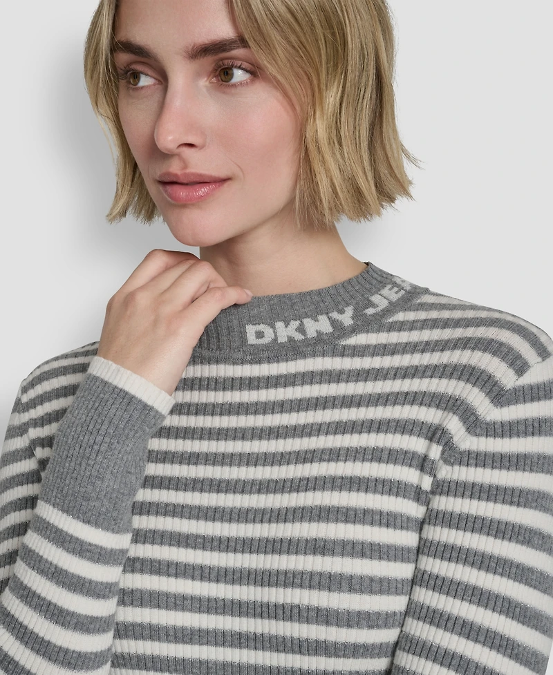 Dkny Jeans Women's Long-Sleeve Mock Neck Rib Striped Sweater