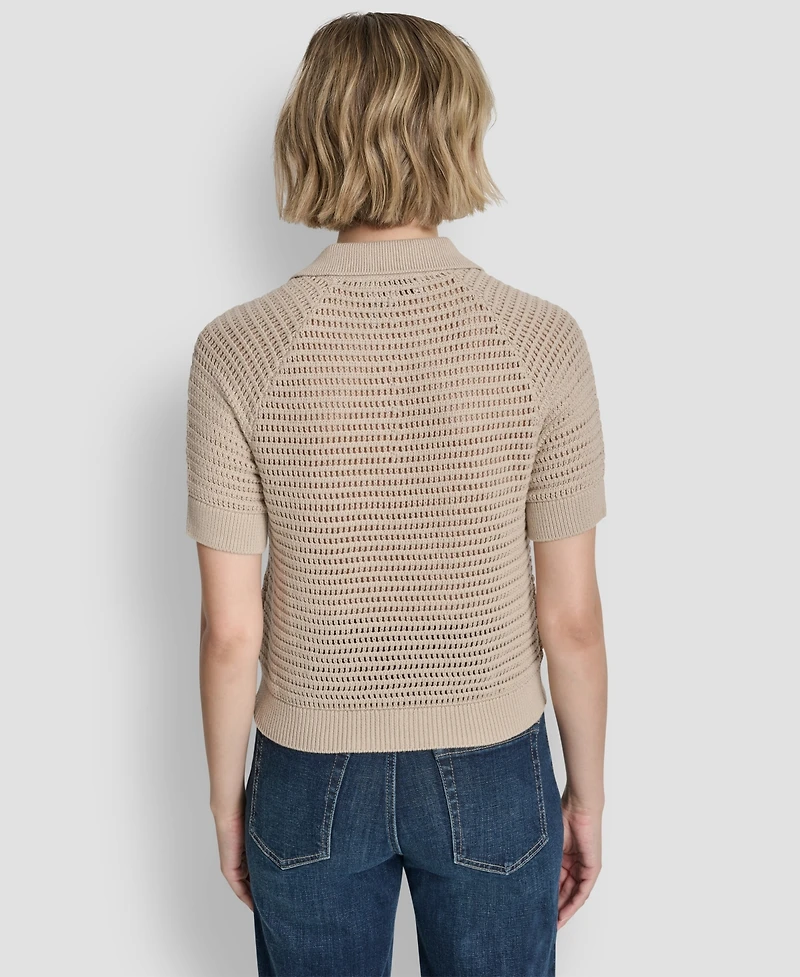 Dkny Jeans Women's Short-Sleeve Polo Collar Faux Crochet Stitch Sweater