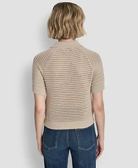 Dkny Jeans Women's Short-Sleeve Polo Collar Faux Crochet Stitch Sweater