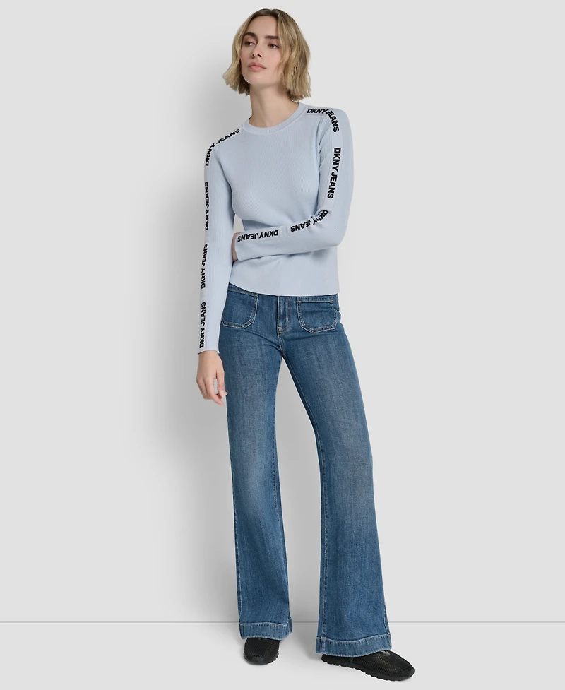 Dkny Jeans Women's Long-Sleeve Logo Trim Crewneck Sweater
