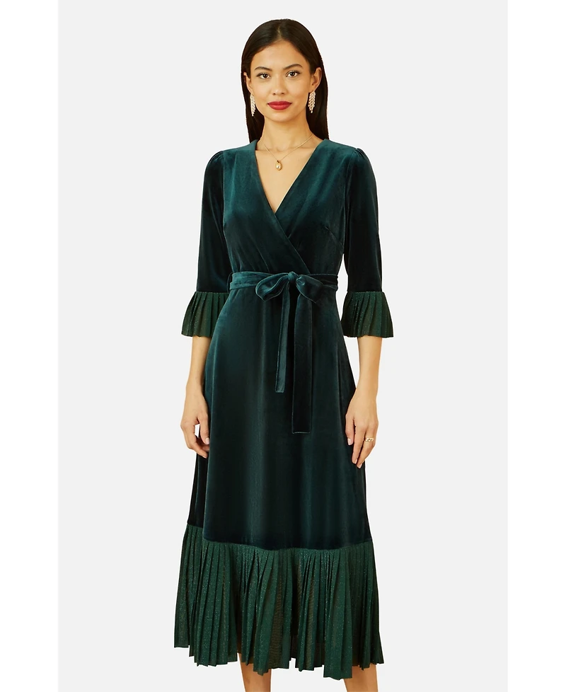 Yumi Women's Velvet Wrap V-Neck Midi Dress