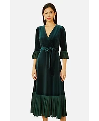Yumi Women's Velvet Wrap V-Neck Midi Dress