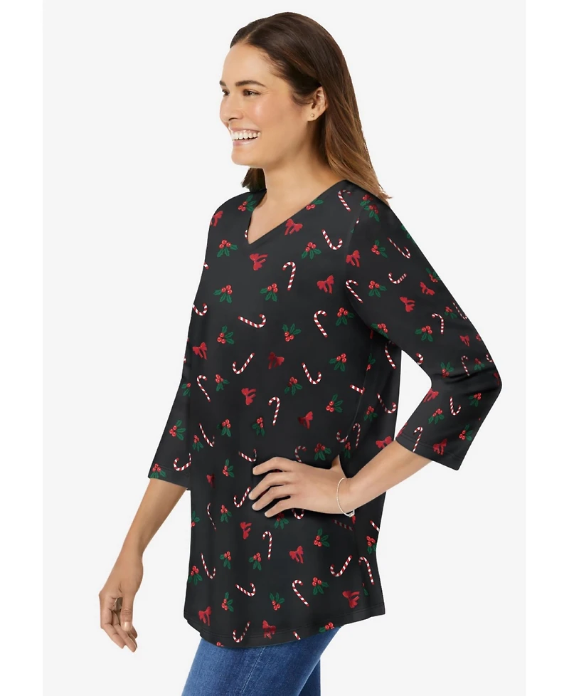 Woman Within Women's Perfect Printed Three-Quarter Sleeve V-Neck Tee