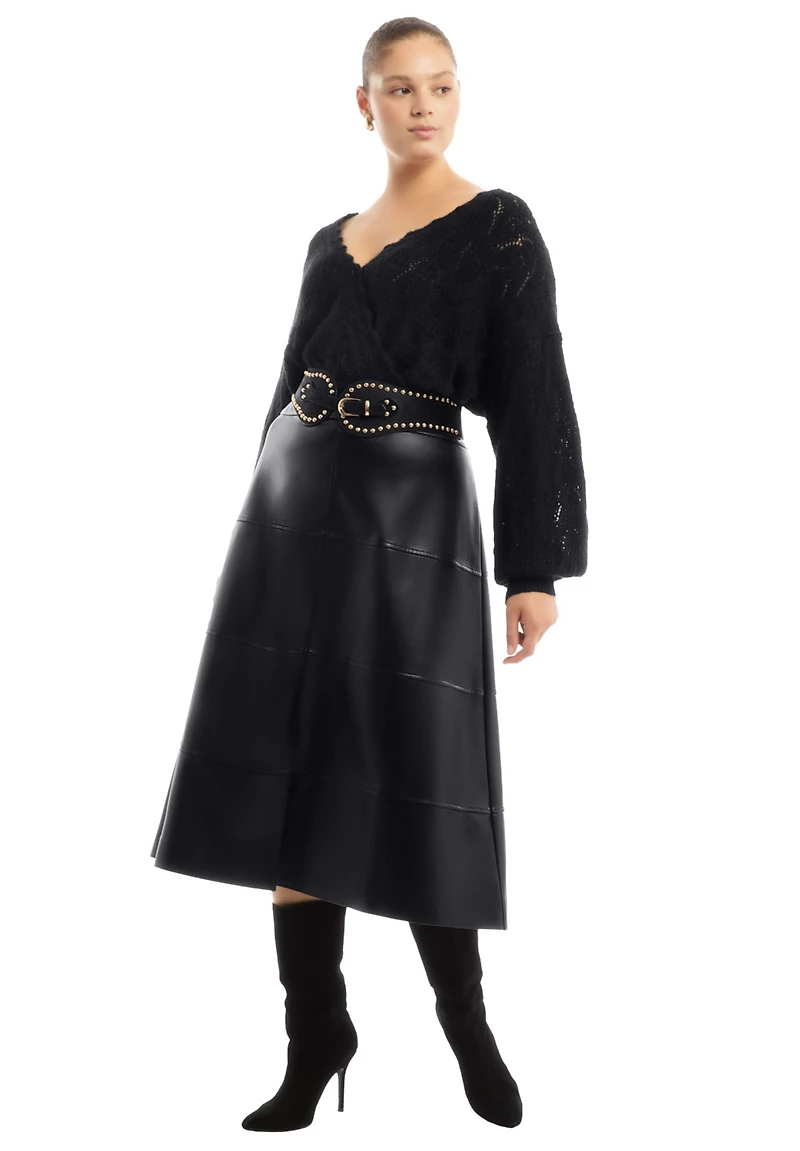 June + Vie Women's Plus Scallop-Trim Wrap Sweater