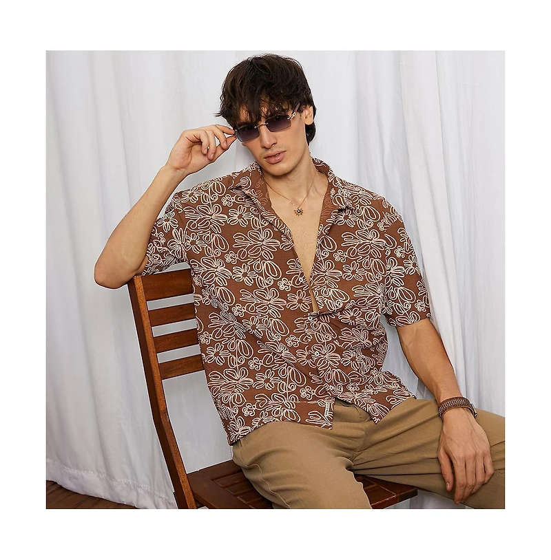 Campus Sutra Men's Mocha Brown Floral-Lined Oversized Shirt
