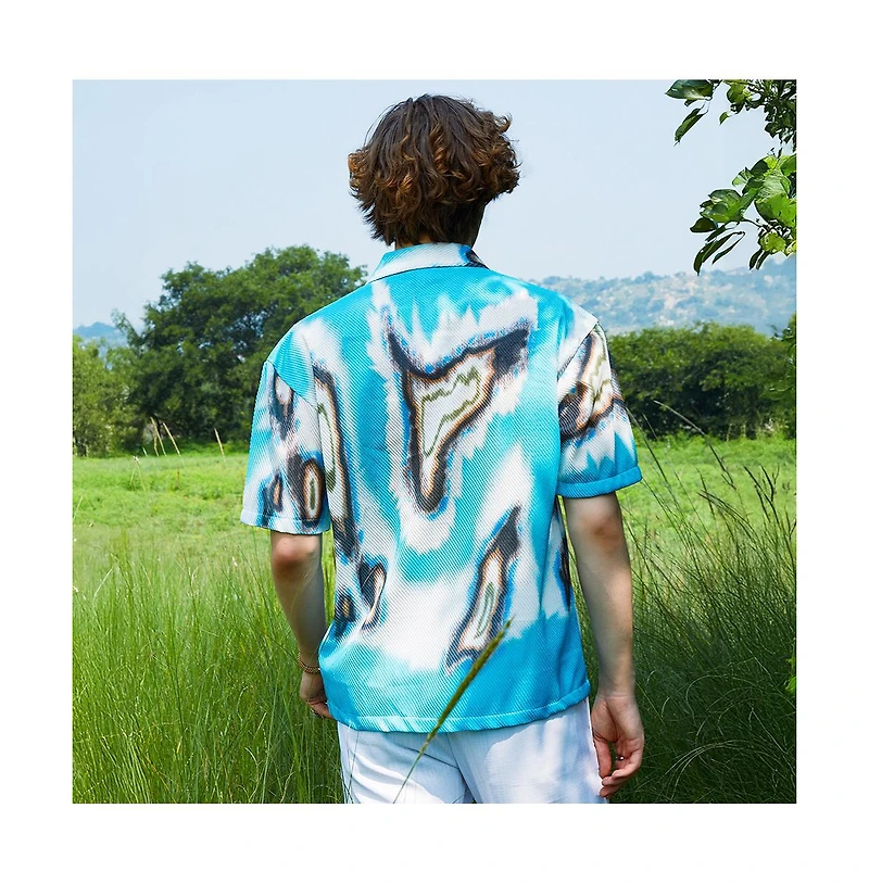 Campus Sutra Men's Sky Blue Topography Mesh Oversized Shirt