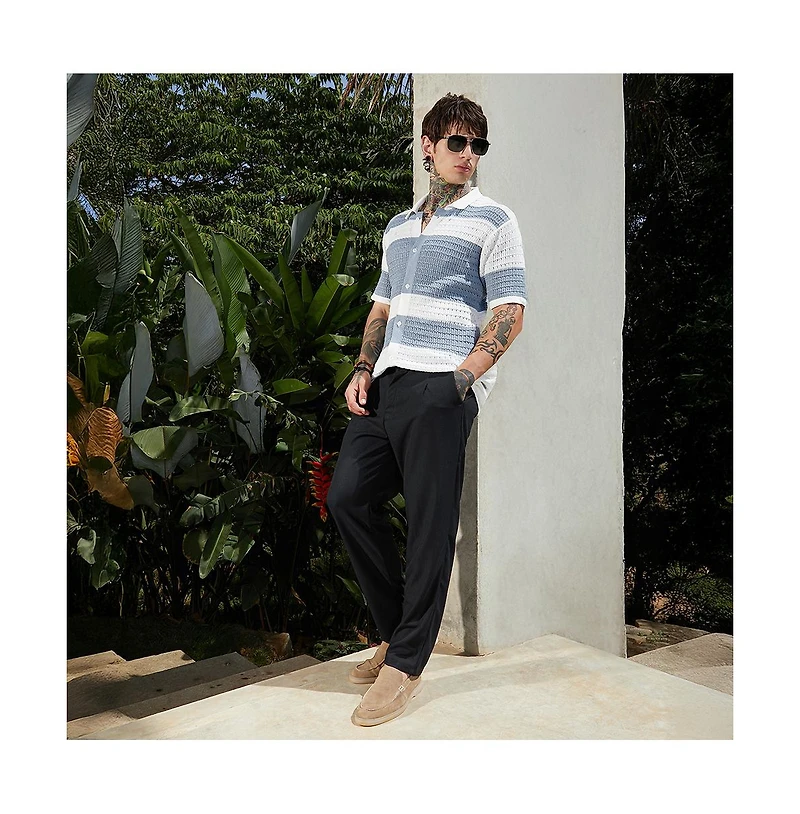 Campus Sutra Men's Icy Blue & Daisy White Panel-Knit Relaxed Shirt