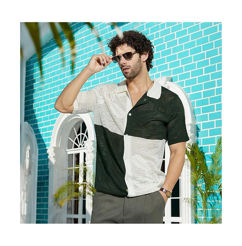 Campus Sutra Men's Emerald Green & Cream White Block Open-Knit Polo Shirt