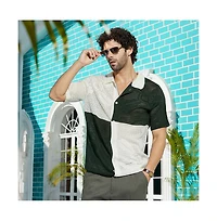 Campus Sutra Men's Emerald Green & Cream White Block Open-Knit Polo Shirt