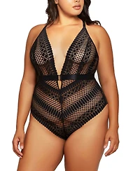 iCollection Plus Halter Lace Bodysuit with Open Back Lingerie