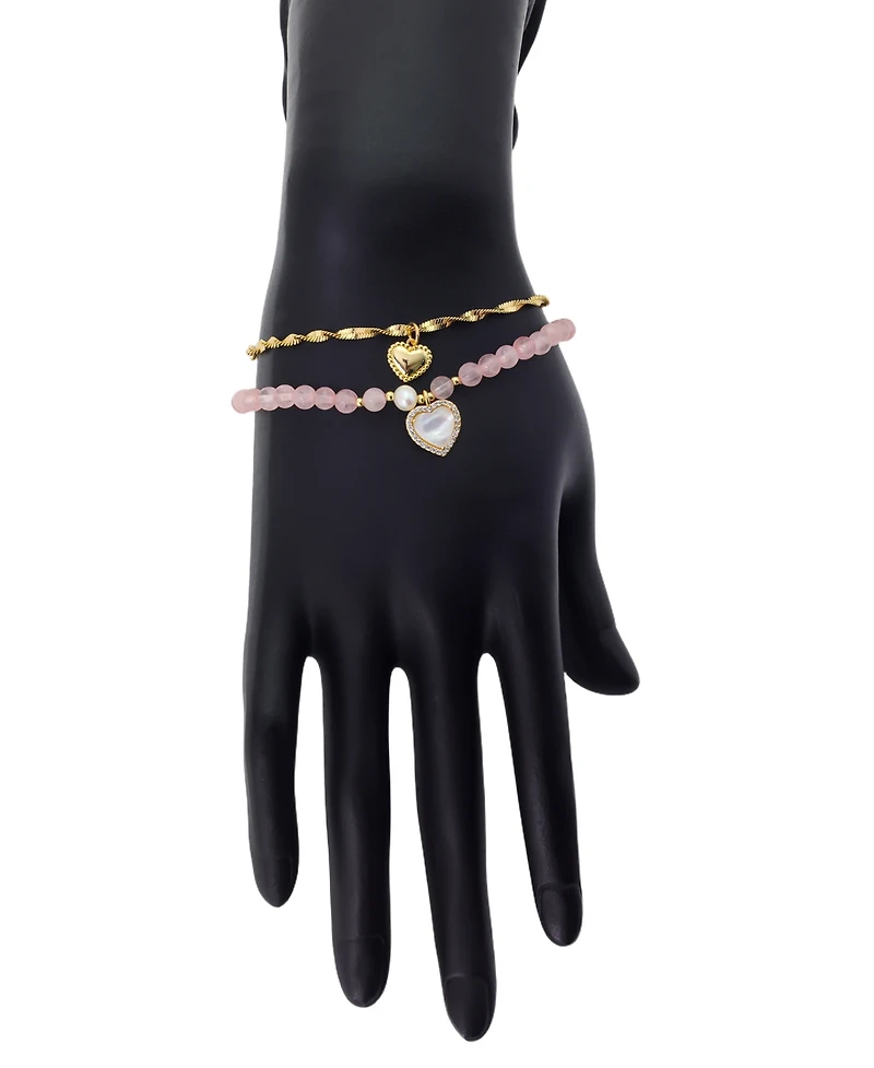 Fresh water pearl and rose quartz 4mm beads Mother of Pearl stone Cubic Zirconia heart plain heart twist Set of 2 Bracelets