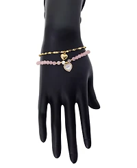 Fresh water pearl and rose quartz 4mm beads Mother of Pearl stone Cubic Zirconia heart plain heart twist Set of 2 Bracelets