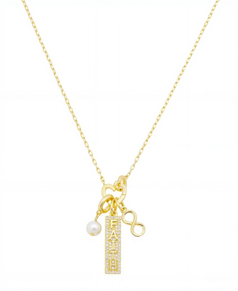 Faith" Cubic Zirconia bar, glass pearl, infinity double heart carabiner charm holder necklace