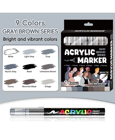 Htutwoo 9 Colors Gray Brown Series Acrylic Markers, Soft-Tip Direct-Ink Pigment Pens, Automatic Ink Control for Rock, Egg, Wood, Glass, Paper, Mugs