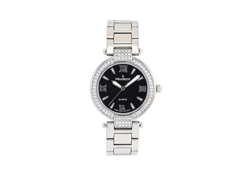 Peugeot Women's Watch Silver Bracelet Strap 38mm Round Case Black Dial with Crystal Bezel