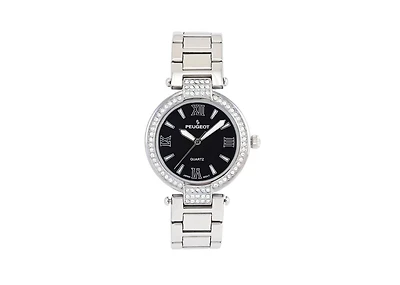 Peugeot Women's Watch Silver Bracelet Strap 38mm Round Case Black Dial with Crystal Bezel