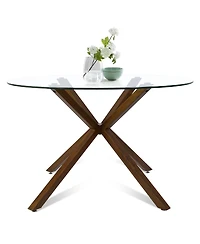 5-Piece Round Glass Dining Table Set, Modern Kitchen with Upholstered Chairs & Metal Legs-Maison Boucle