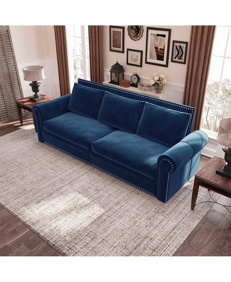 Maison Boucle 93.7" Velvet King Pull Out Sofa Bed, 3-in-1 Convertible Sleeper Couch with Chaise & Nailhead Trim for Living Room or Guest