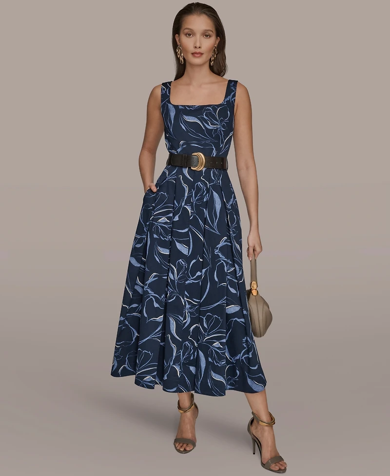 Donna Karan New York Women's Square Neck Belted A-Line Dress